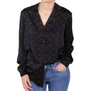 NWOT ICHI Black Satin Button Down Shirt with Orange Blossom Print